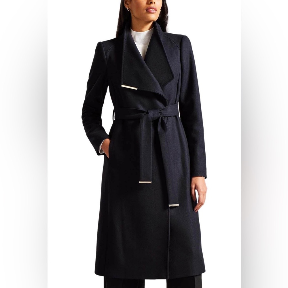 Ted Baker Kikki Wool Cashmere Blend Belted Navy Blue Pea Coat Size US 6